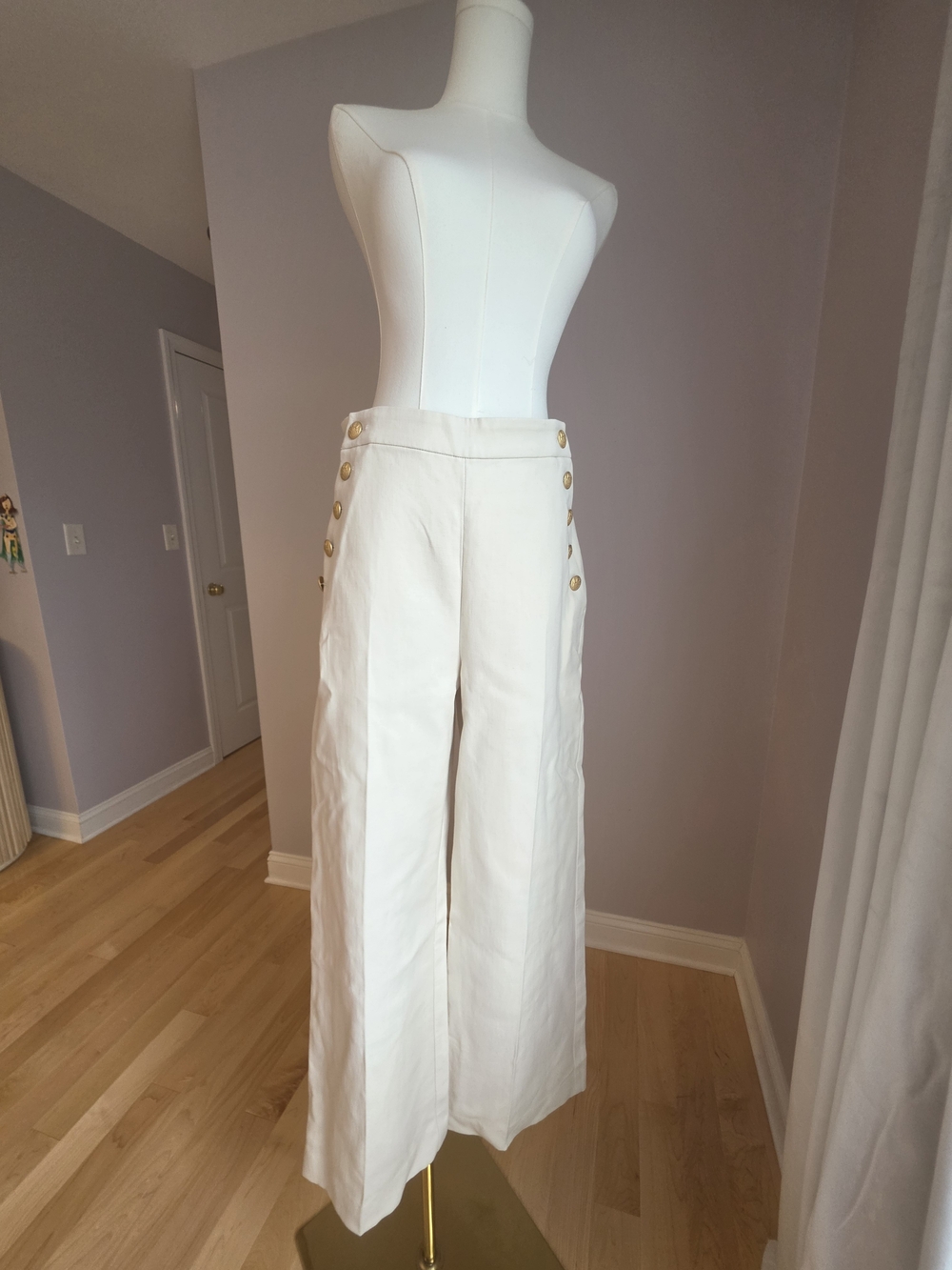 Sezane Cream Wide-Leg Sailor-Style Pants with Gold Buttons